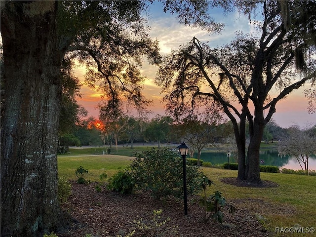 surrounding community with a water view and a yard