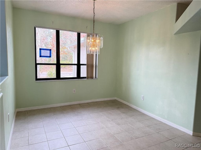 unfurnished dining area featuring light tile patterned flooring, a chandelier, and a textured ceiling