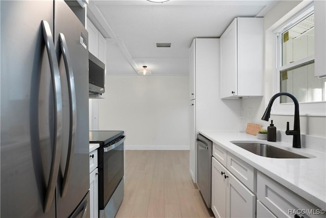 kitchen with white cabinets, stainless steel appliances, baseboards, and a sink