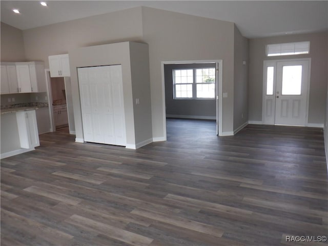 interior space featuring dark hardwood / wood-style flooring, a wealth of natural light, and a high ceiling