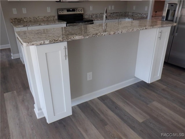 kitchen featuring white cabinetry, light stone countertops, dark wood-type flooring, and stainless steel appliances