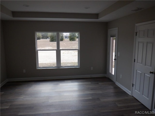 unfurnished room featuring dark wood-type flooring and a raised ceiling