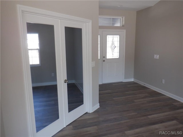 foyer entrance with dark hardwood / wood-style flooring, plenty of natural light, and french doors