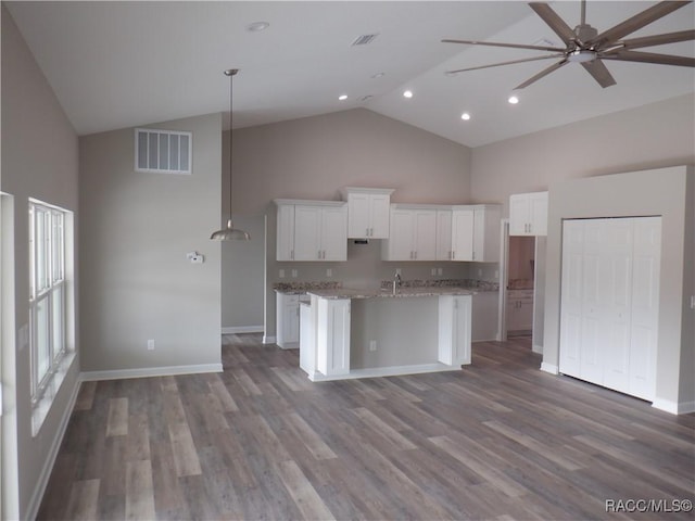 kitchen featuring hanging light fixtures, hardwood / wood-style floors, light stone counters, an island with sink, and white cabinets