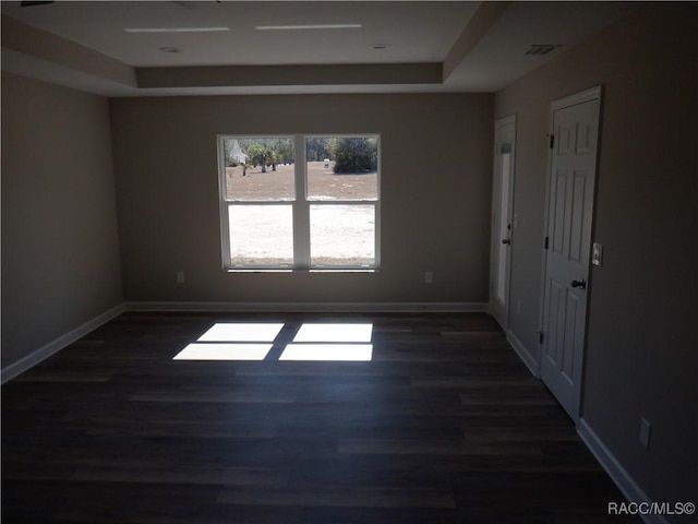 spare room with a raised ceiling and dark hardwood / wood-style floors