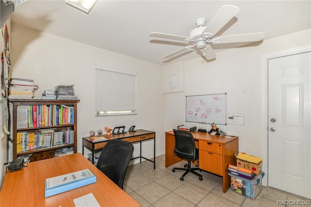 office area featuring ceiling fan and light tile patterned flooring