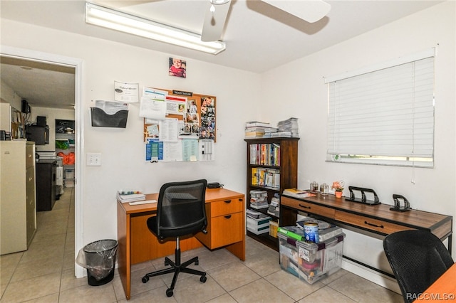 tiled home office with ceiling fan