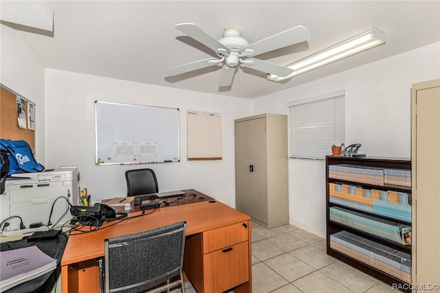 tiled office with ceiling fan