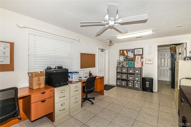 tiled office with ceiling fan