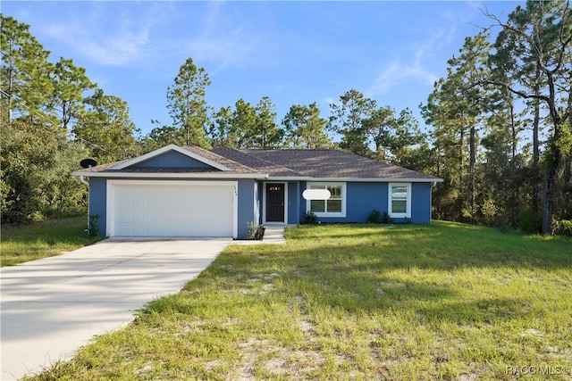 single story home featuring a front yard and a garage