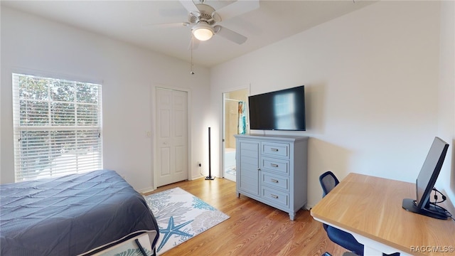 bedroom with ceiling fan and light wood-type flooring