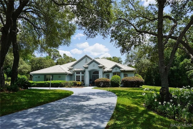ranch-style house featuring curved driveway, stucco siding, and a front yard