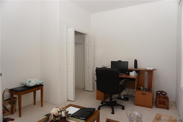 office area featuring light colored carpet