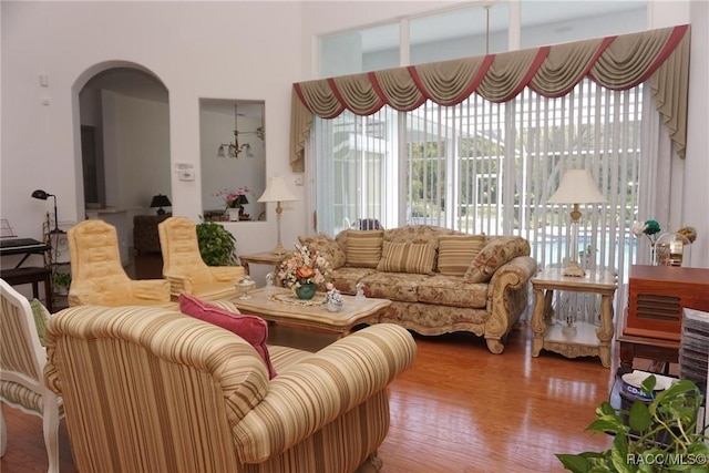 living room featuring wood finished floors and arched walkways