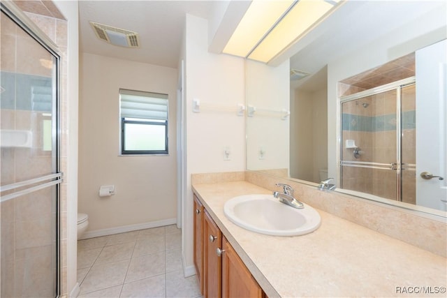 bathroom with vanity, a stall shower, tile patterned flooring, toilet, and visible vents