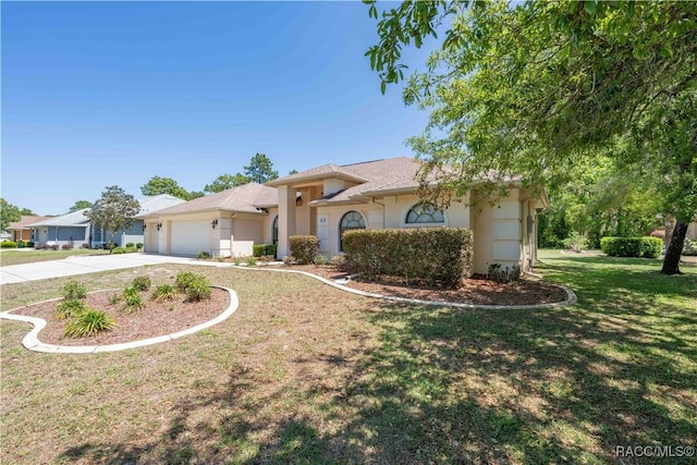 ranch-style house featuring an attached garage, a front lawn, stucco siding, and concrete driveway