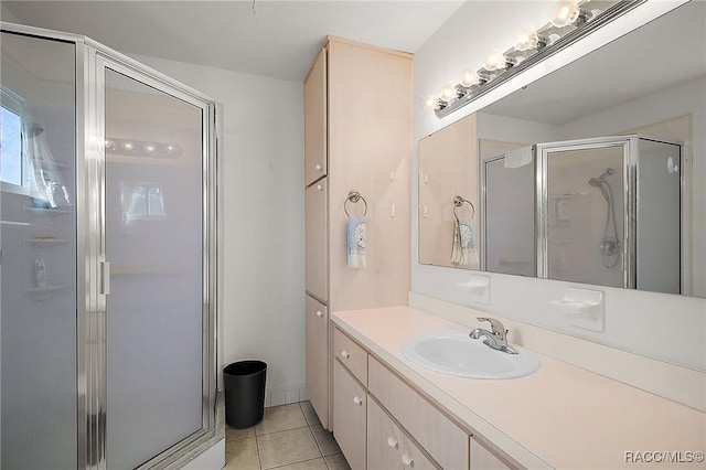 bathroom featuring tile patterned flooring, vanity, and a stall shower