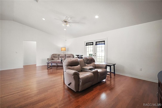 living room with wood finished floors, french doors, vaulted ceiling, and ceiling fan