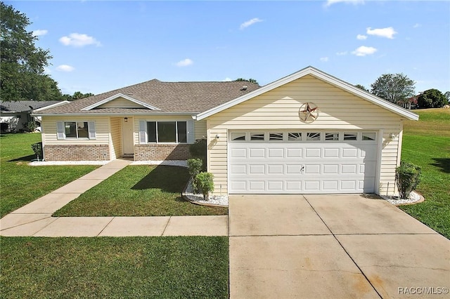 view of front of property featuring a garage, a front yard, brick siding, and driveway