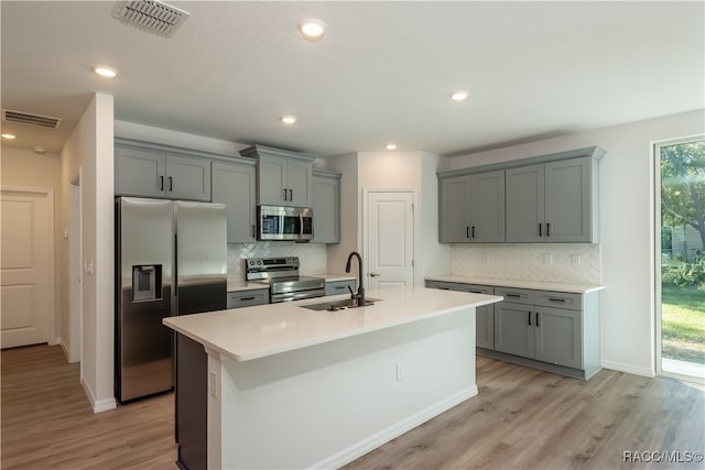 kitchen with a kitchen island with sink, sink, appliances with stainless steel finishes, tasteful backsplash, and light hardwood / wood-style floors