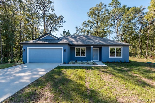 ranch-style house with a garage and a front yard