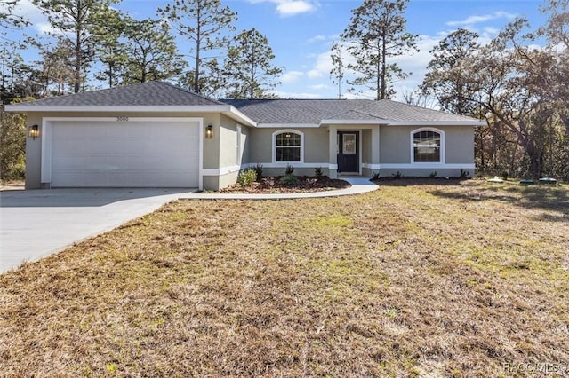 single story home featuring a garage, driveway, a front lawn, and stucco siding