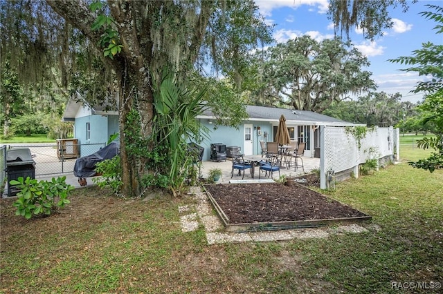 rear view of property with a yard and a patio