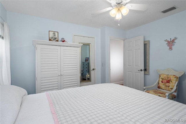 bedroom featuring ceiling fan and a closet