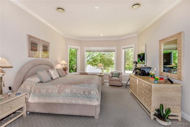 bedroom featuring crown molding and light carpet