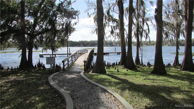 view of dock featuring a water view and a lawn