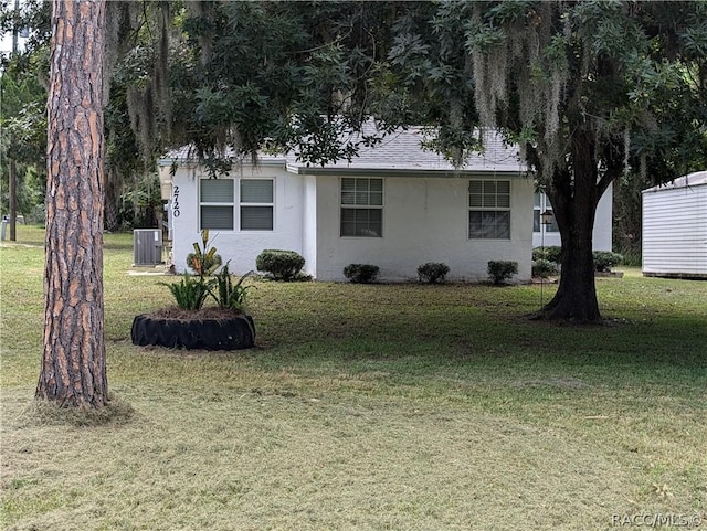 view of front of home featuring central air condition unit, roof with shingles, a front lawn, and stucco siding