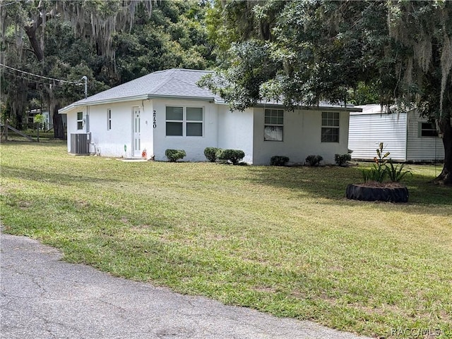 view of front facade featuring a shingled roof, a front yard, central AC unit, and stucco siding