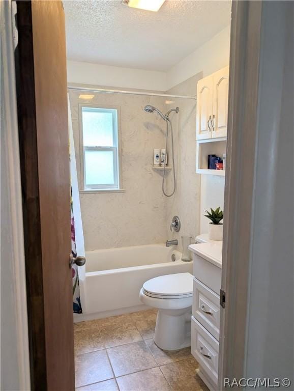 full bathroom featuring toilet, shower / tub combo, a textured ceiling, vanity, and tile patterned flooring