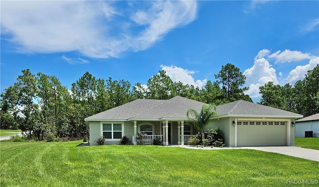 ranch-style house featuring a front yard, a porch, and a garage