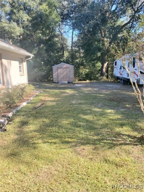 view of yard with a storage shed