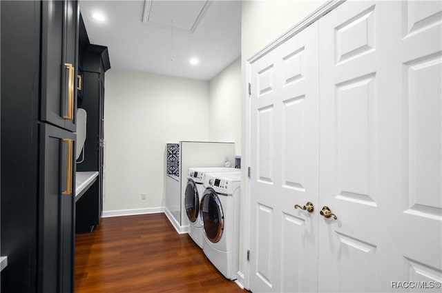 9093 E Pinehurst Ct, Inverness, FL 34450 - laundry area featuring washing machine and clothes dryer, attic access, dark wood finished floors, and recessed lighting