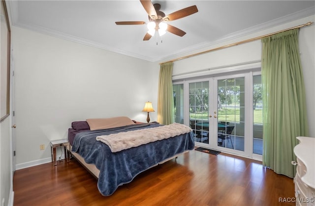 9093 E Pinehurst Ct, Inverness, FL 34450 - bedroom with french doors, crown molding, access to outside, wood finished floors, and ceiling fan