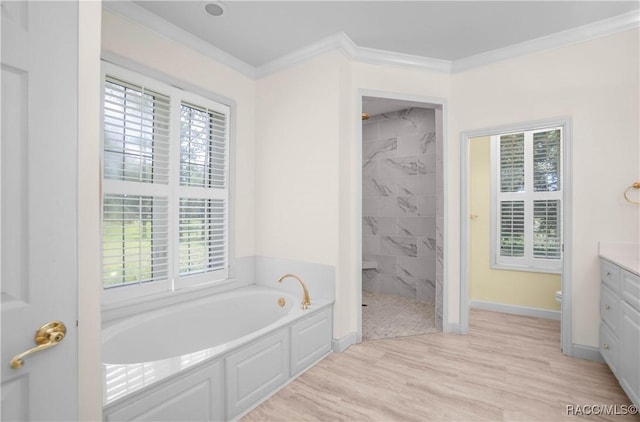 9093 E Pinehurst Ct, Inverness, FL 34450 - full bath with a garden tub, vanity, a marble finish shower, ornamental molding, and wood finished floors