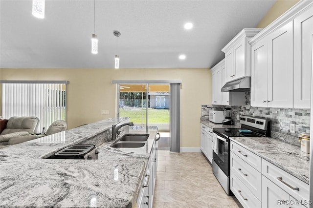 kitchen with stainless steel electric range oven, light stone counters, white cabinets, decorative light fixtures, and sink