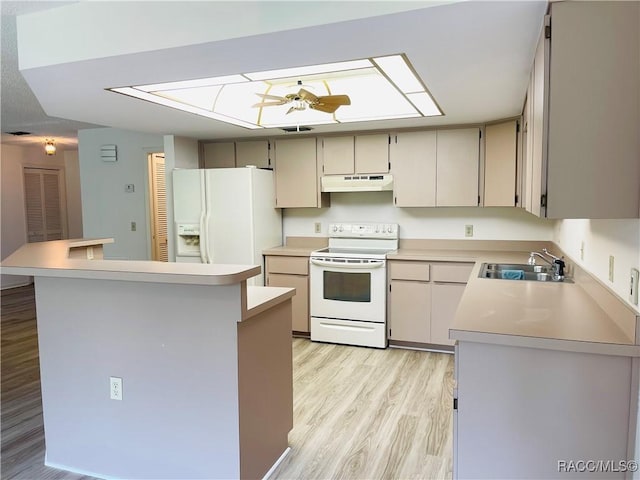 kitchen with kitchen peninsula, white appliances, ceiling fan, sink, and light hardwood / wood-style floors