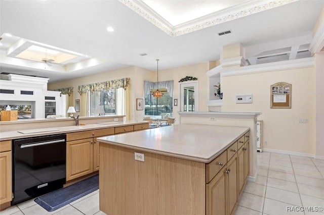 kitchen featuring light tile patterned floors, light brown cabinets, a tray ceiling, black dishwasher, and a kitchen island