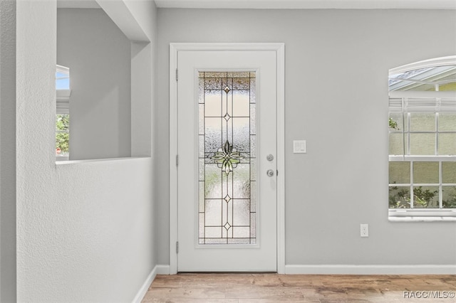 doorway featuring baseboards and wood finished floors