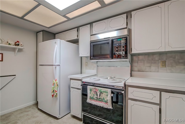 kitchen with decorative backsplash, white cabinetry, light tile patterned flooring, and white appliances