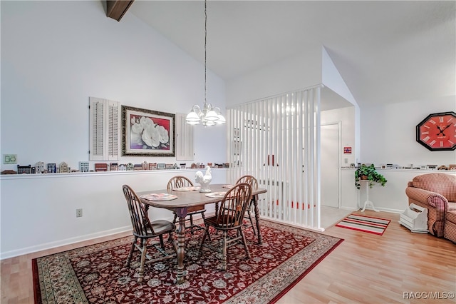 dining area with beamed ceiling, wood-type flooring, a chandelier, and high vaulted ceiling