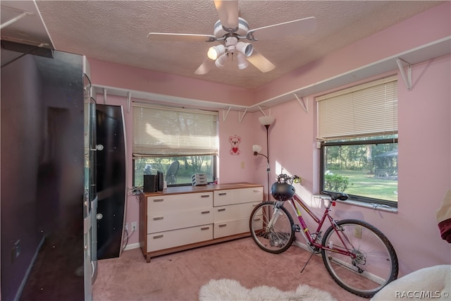 misc room featuring ceiling fan, plenty of natural light, light colored carpet, and a textured ceiling