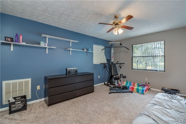 exercise room featuring a textured ceiling, carpet floors, and ceiling fan