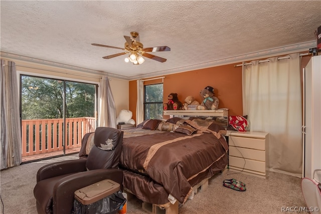 carpeted bedroom with access to outside, ceiling fan, a textured ceiling, and ornamental molding