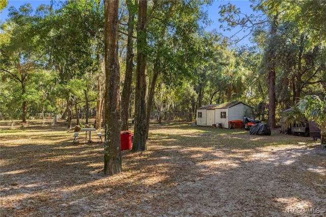 view of yard featuring a storage shed