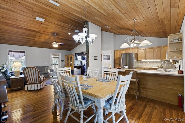 dining space featuring dark wood-type flooring, wooden ceiling, high vaulted ceiling, and ceiling fan with notable chandelier