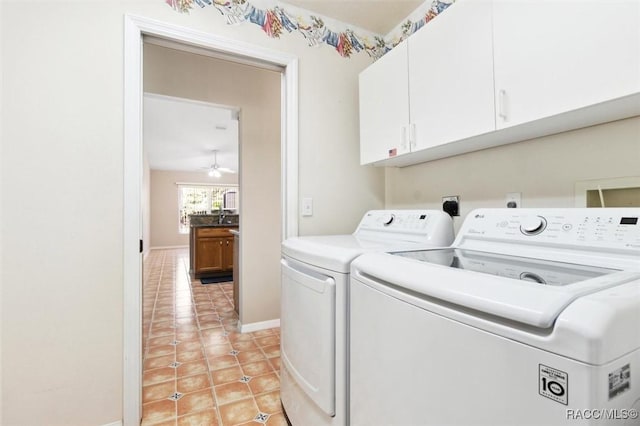 laundry area with cabinets, washer and dryer, light tile patterned floors, and ceiling fan